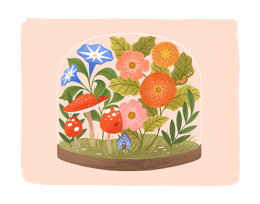 Terrarium: Mushrooms and Morning Glories Fine Art Print