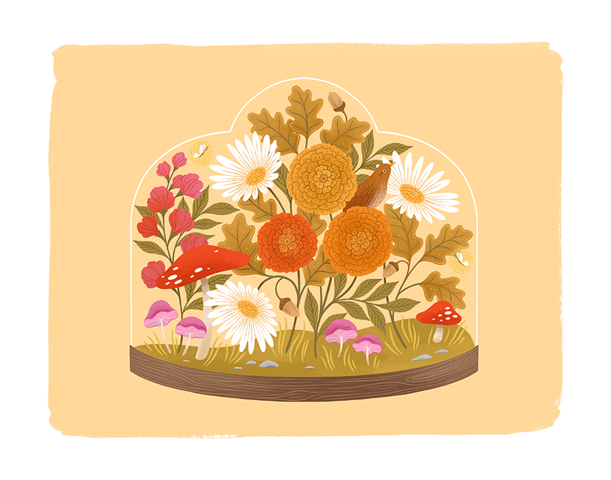 Terrarium: Golden Mums and Daisies Fine Art Print