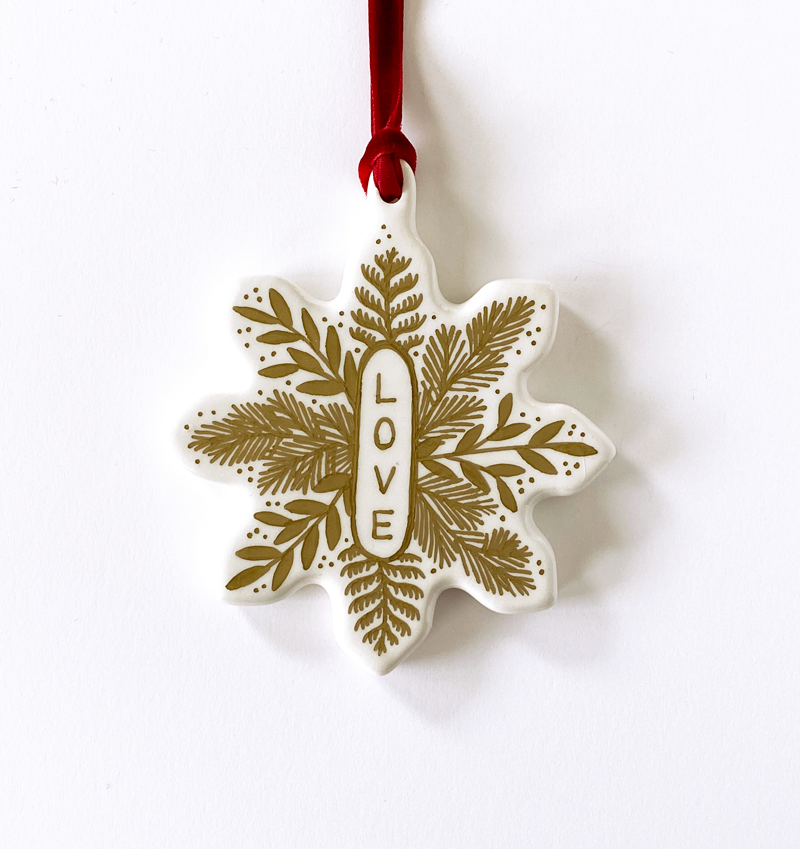 Snowflake Ornament - Gold Love Emblem - Red Velvet Ribbon