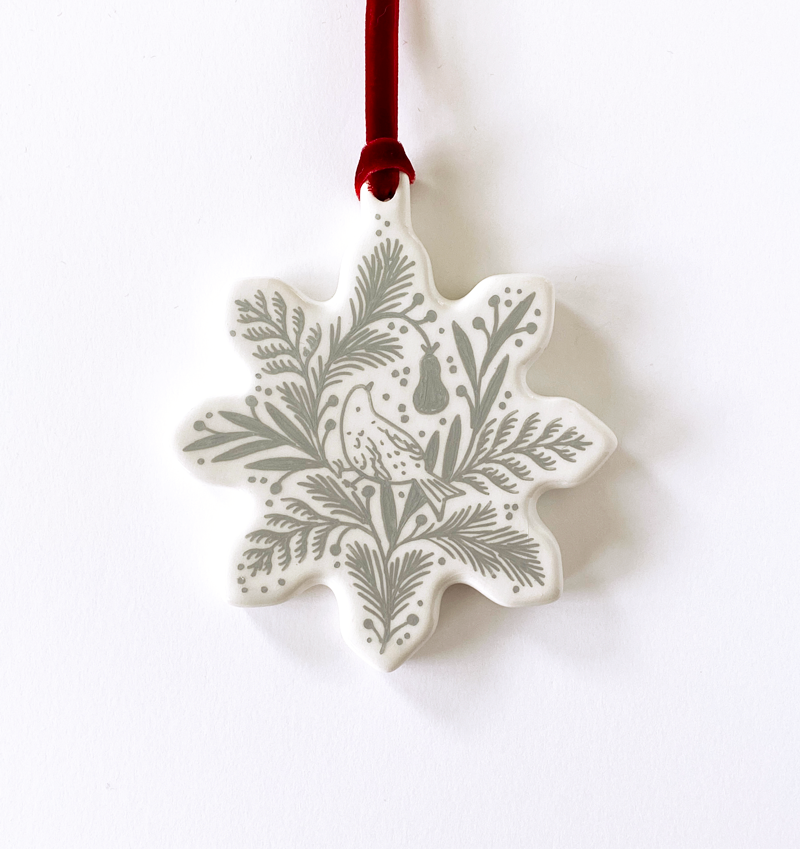 Snowflake Ornament - Silver Partridge and Pear - Red Velvet Ribbon